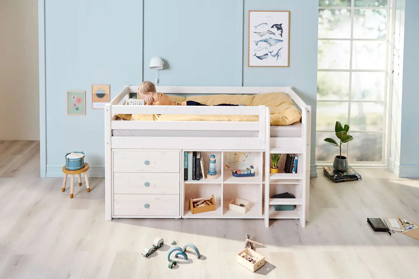 Lit haut 120 cm avec barrière de sécurité et échelle, 90x200 cm, Blanc
