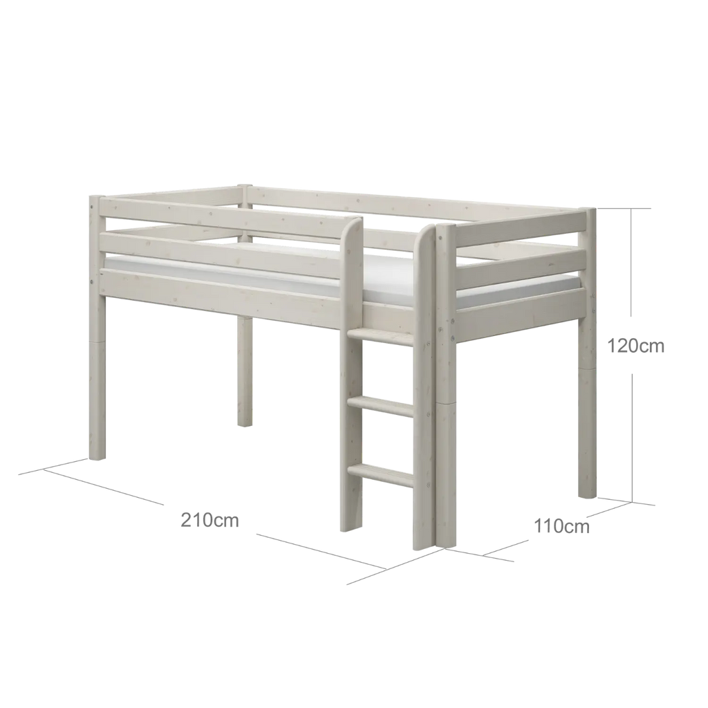 Lit haut 120 cm avec barrière de sécurité et échelle, 90x200 cm, Blanc