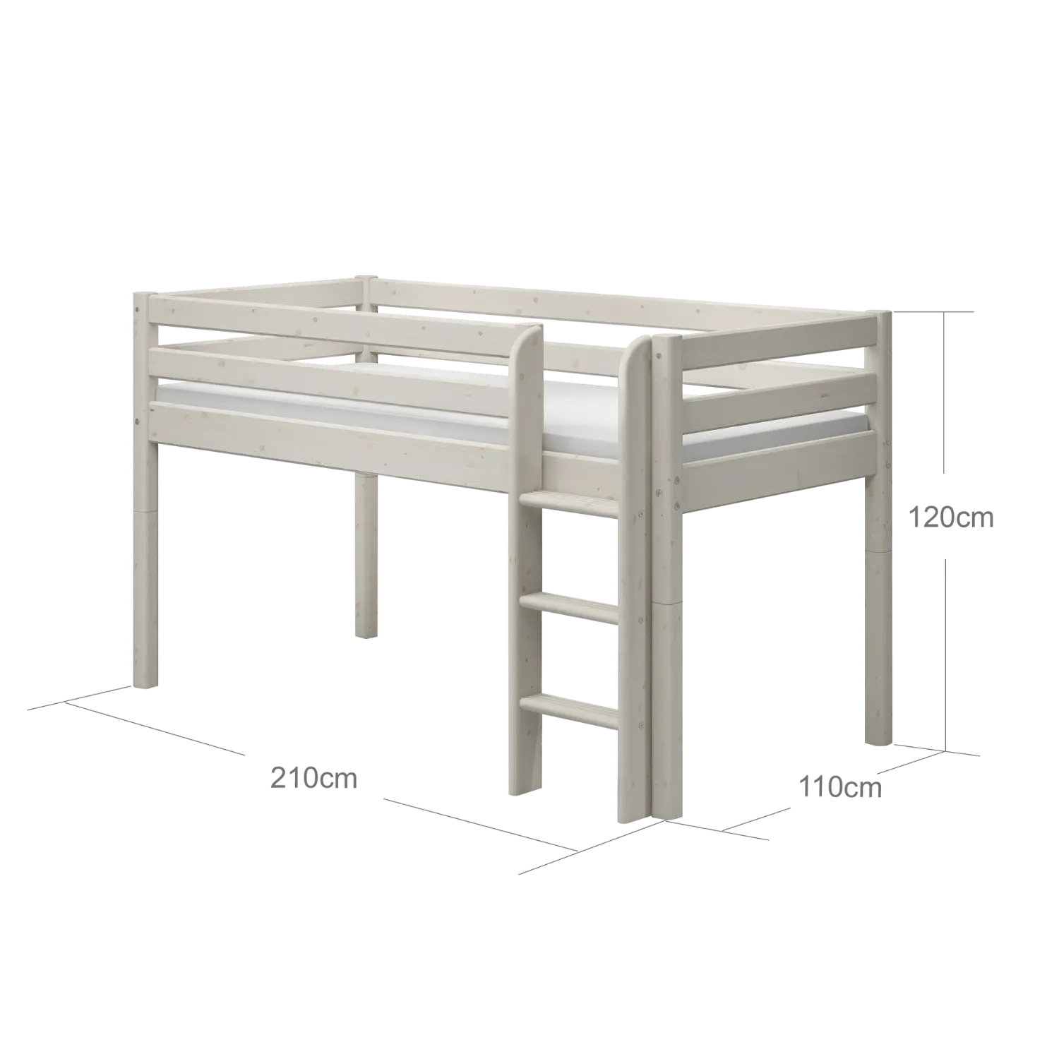 Lit haut 120 cm avec barrière de sécurité et échelle, 90x200 cm, Blanc