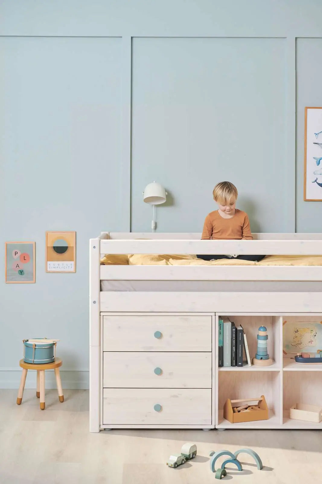 Lit haut 120 cm avec barrière de sécurité et échelle, 90x200 cm, Blanc
