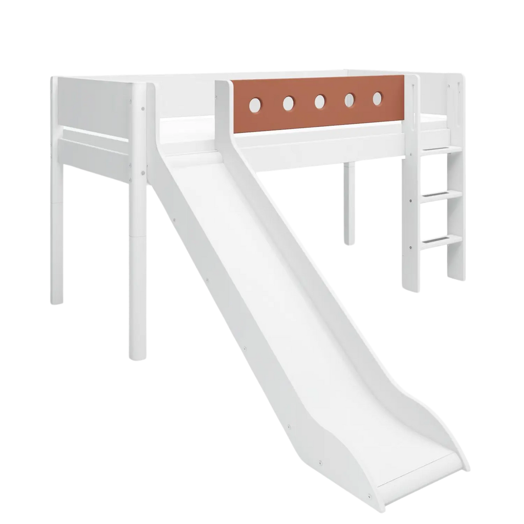 Lit mezzanine 120 cm avec toboggan, échelle et barrière de sécurité, 90x200 cm, Blanc
