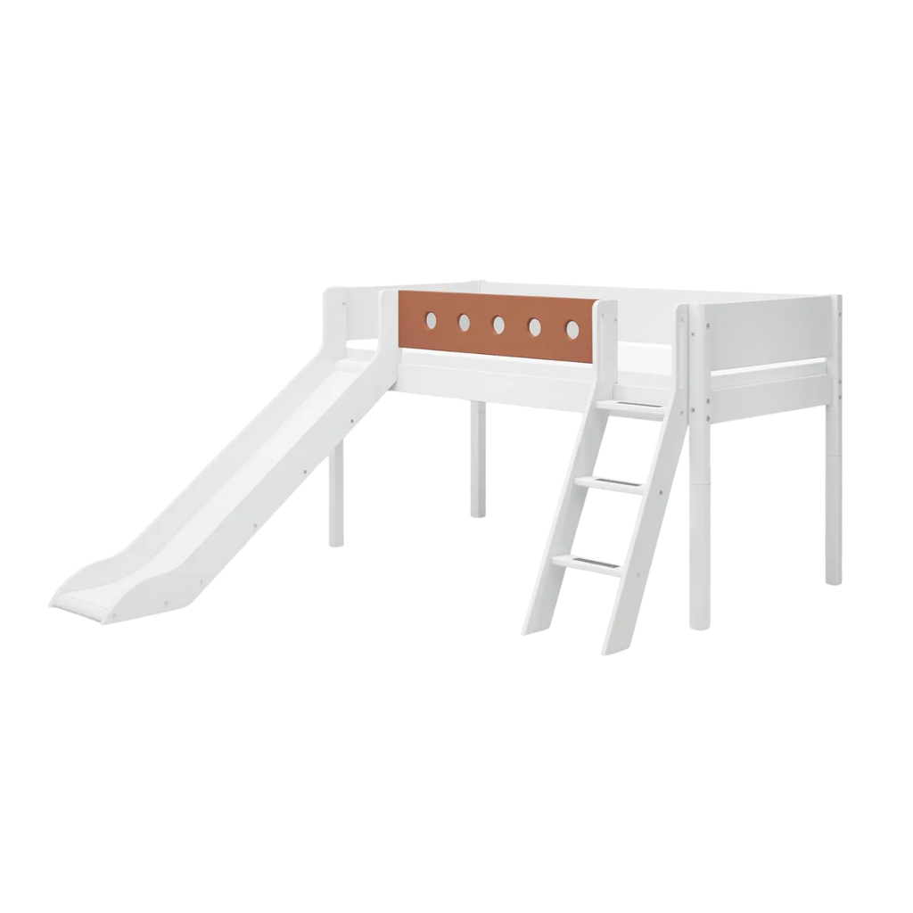Lit mezzanine 120 cm avec toboggan, échelle et barrière de sécurité, 90x200 cm, Blanc