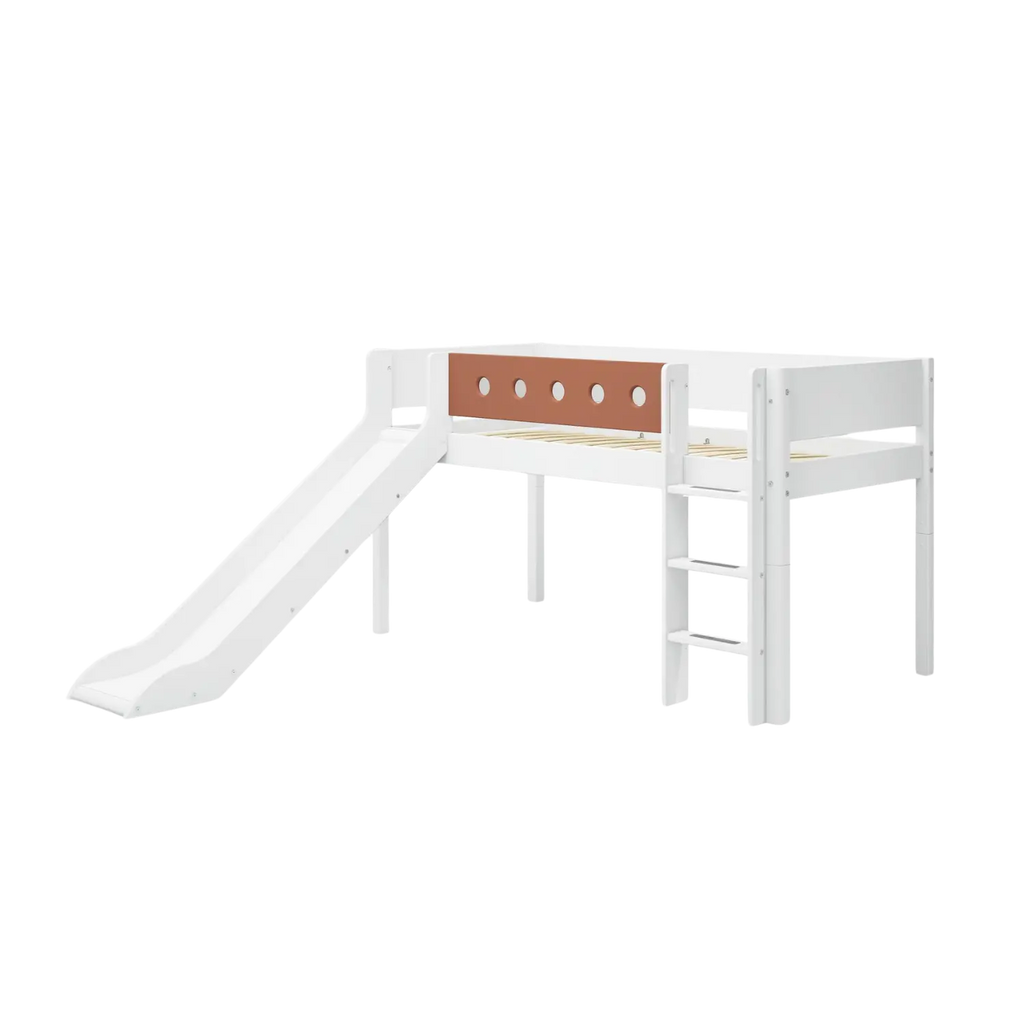 Lit mezzanine 120 cm avec toboggan, échelle et barrière de sécurité, 90x200 cm, Blanc