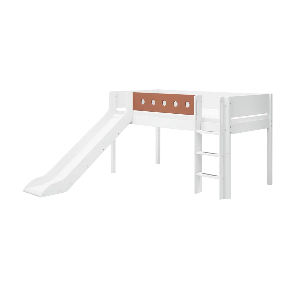 Lit mezzanine 120 cm avec toboggan, échelle et barrière de sécurité, 90x200 cm, Blanc