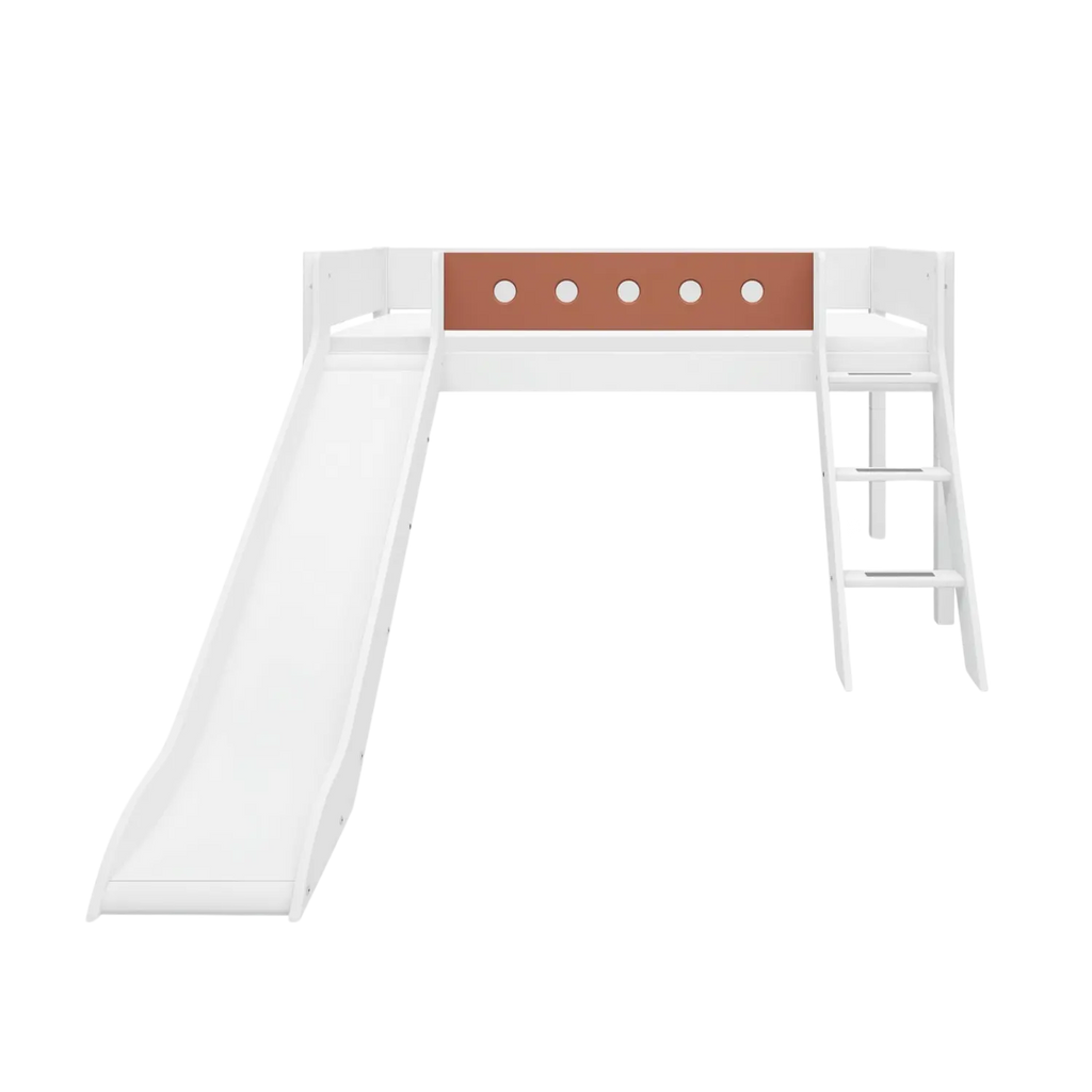 Lit mezzanine 120 cm avec toboggan, échelle et barrière de sécurité, 90x200 cm, Blanc