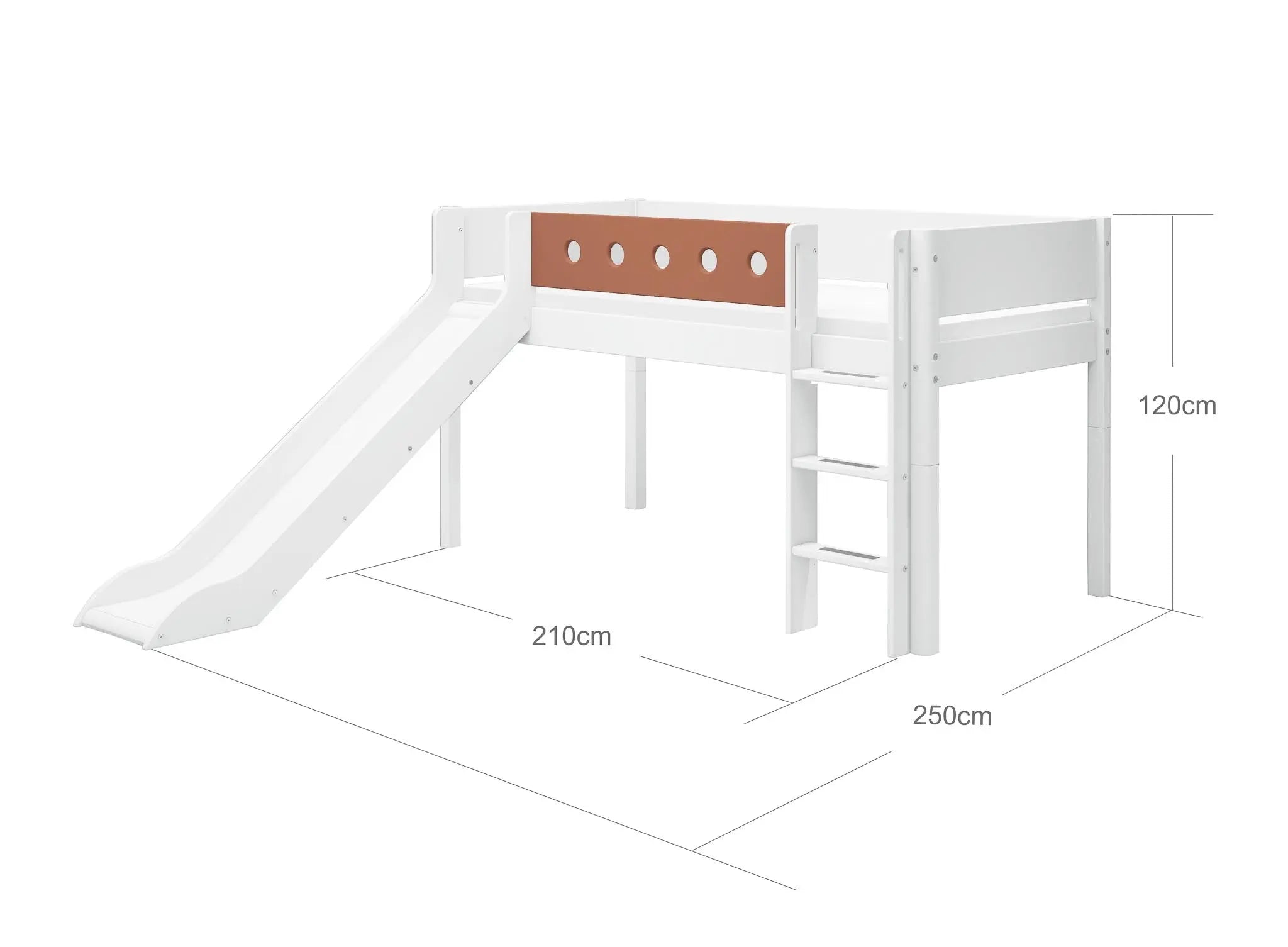 Lit mezzanine 120 cm avec toboggan, échelle et barrière de sécurité, 90x200 cm, Blanc