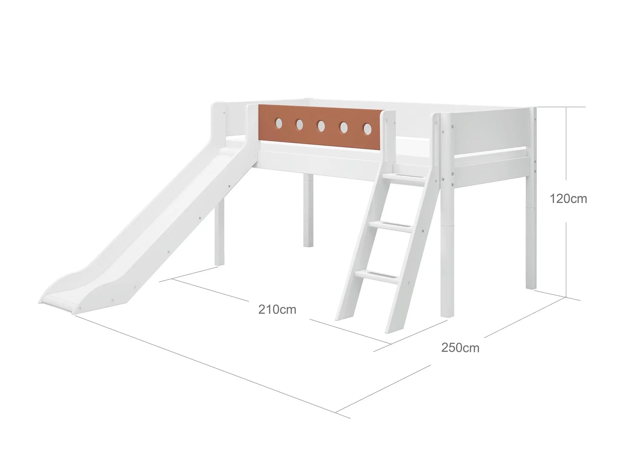 Lit mezzanine 120 cm avec toboggan, échelle et barrière de sécurité, 90x200 cm, Blanc