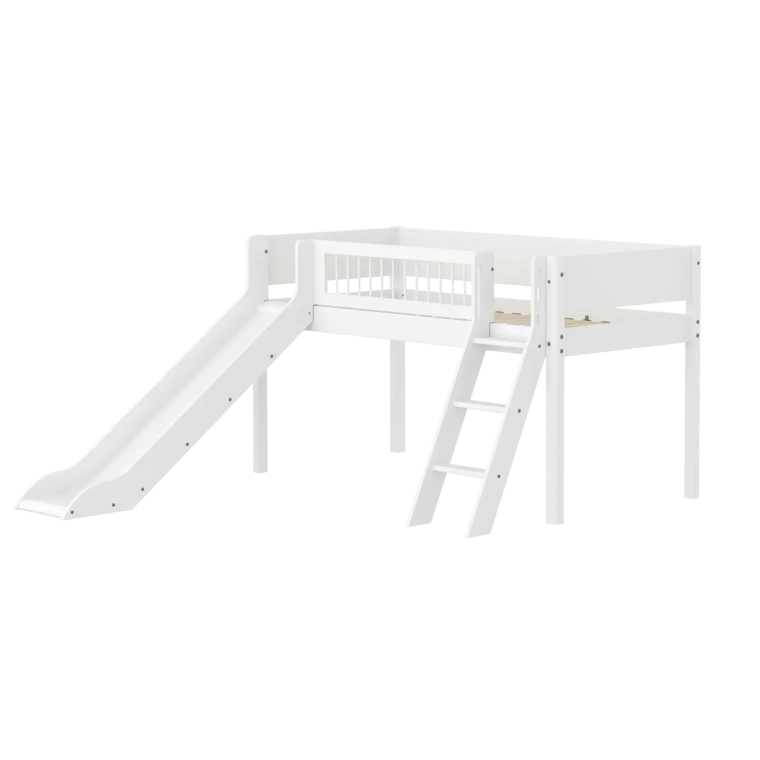 Lit mezzanine 120 cm avec toboggan, échelle et barrière de sécurité, 90x200 cm, Blanc