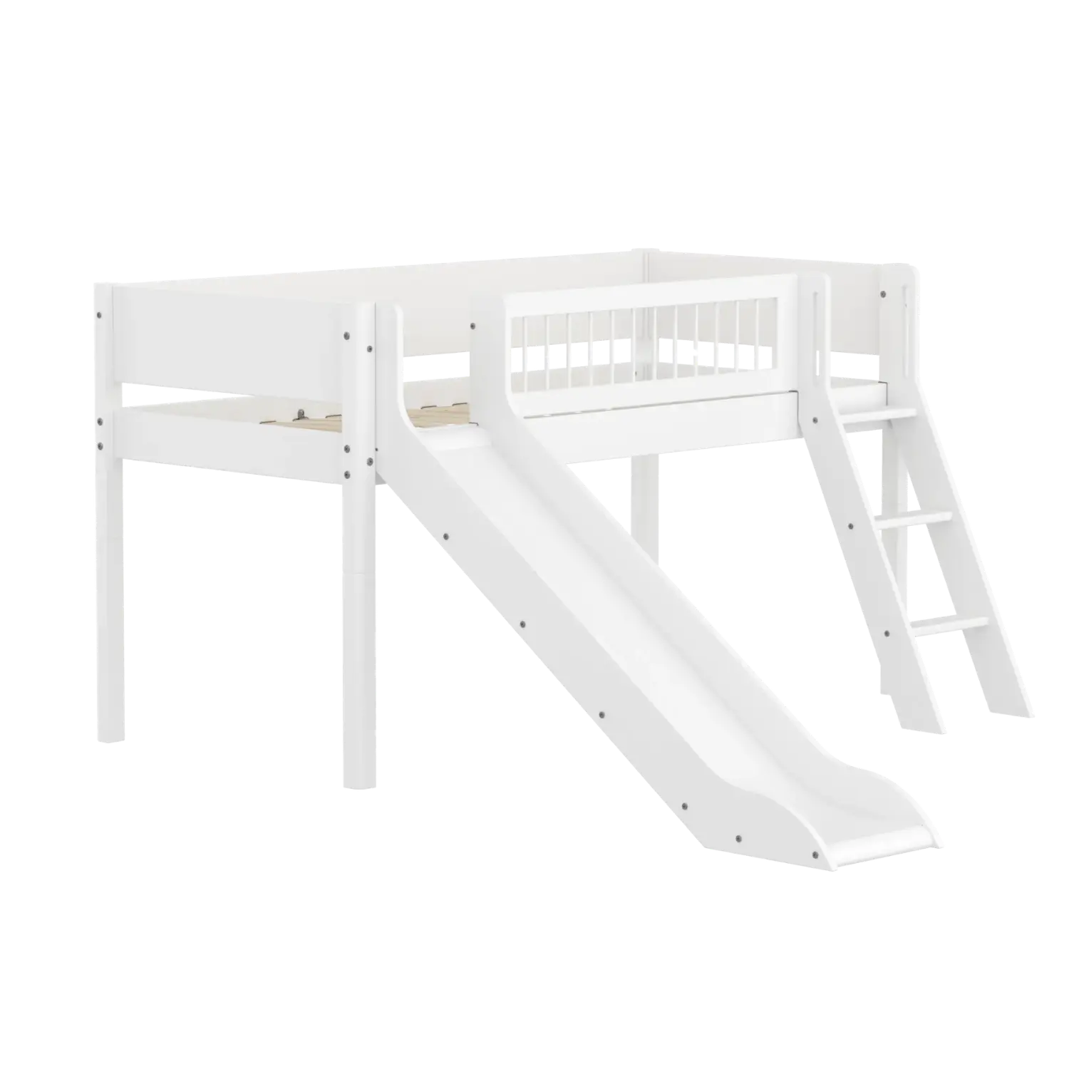 Lit mezzanine 120 cm avec toboggan, échelle et barrière de sécurité, 90x200 cm, Blanc