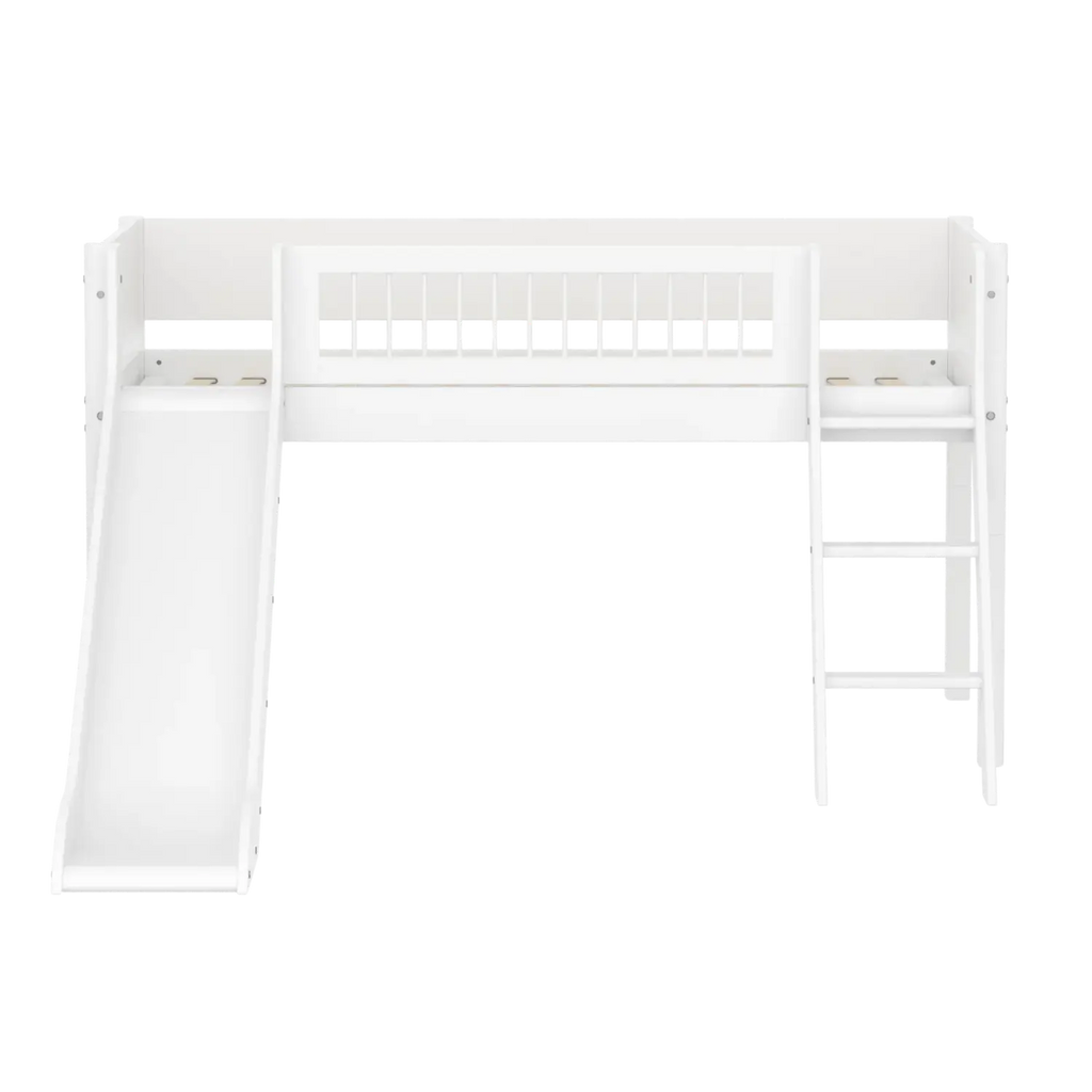 Lit mezzanine 120 cm avec toboggan, échelle et barrière de sécurité, 90x200 cm, Blanc