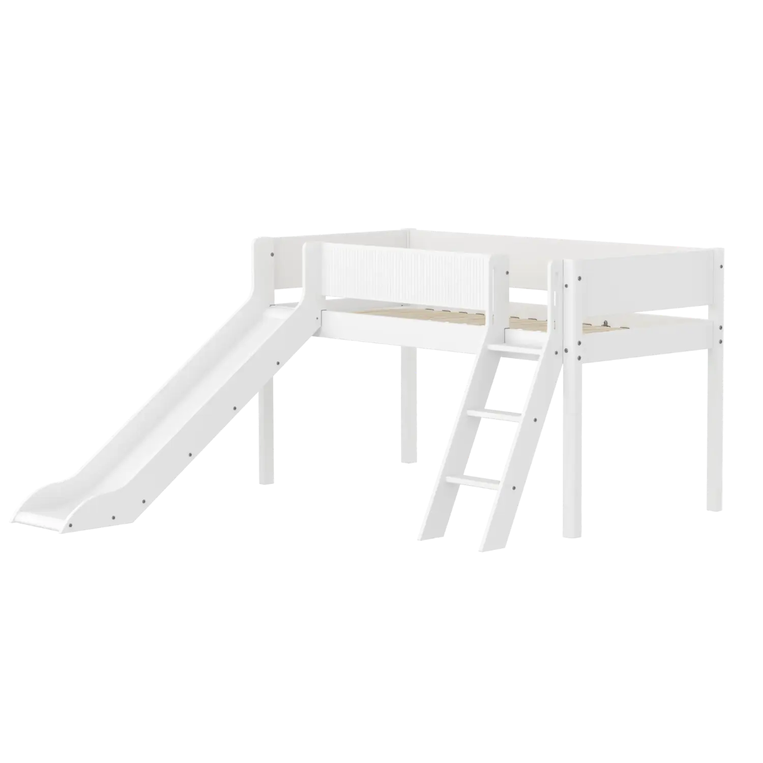Lit surélevé 120 cm avec toboggan, échelle et barrière de sécurité, 90x200 cm, Blanc