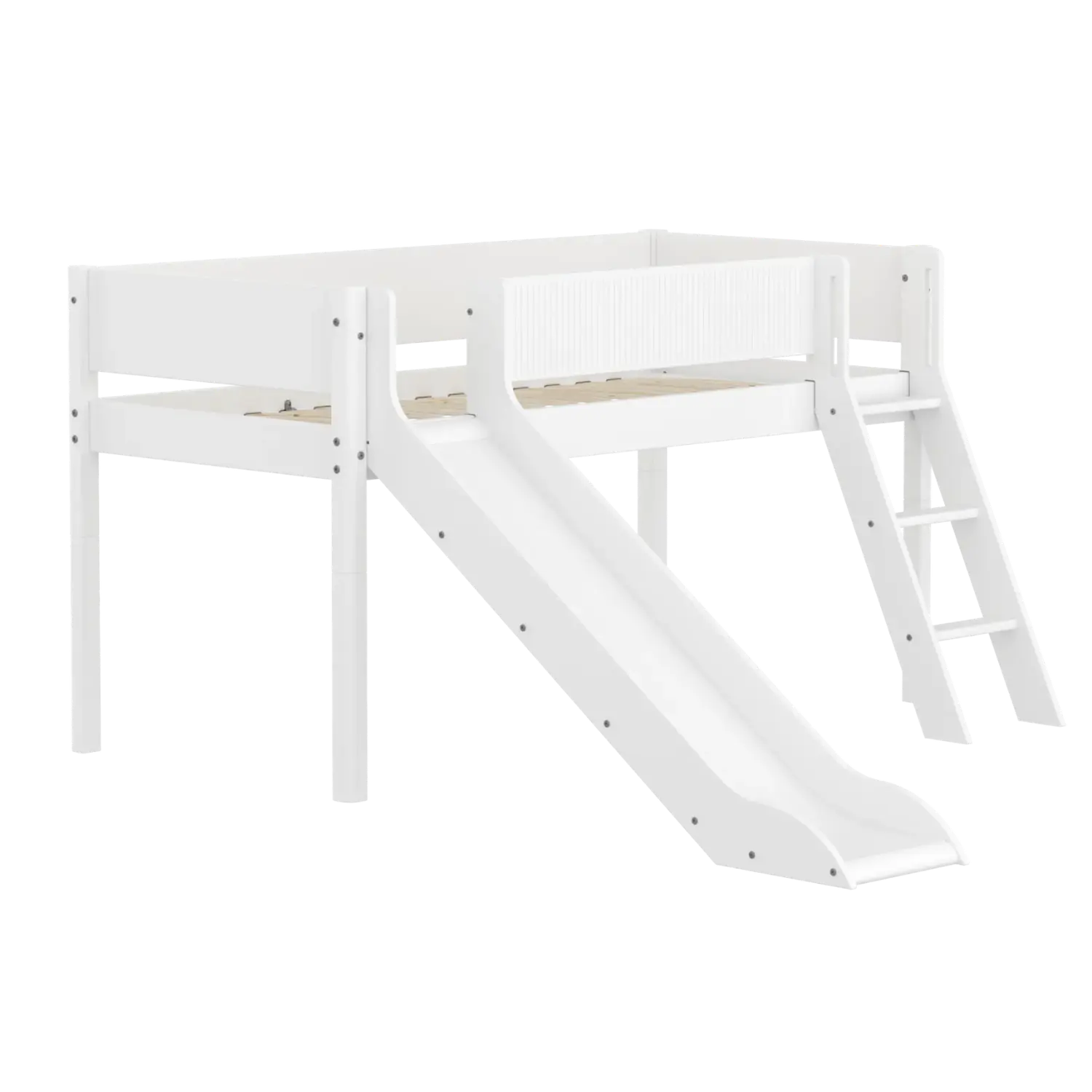 Lit surélevé 120 cm avec toboggan, échelle et barrière de sécurité, 90x200 cm, Blanc
