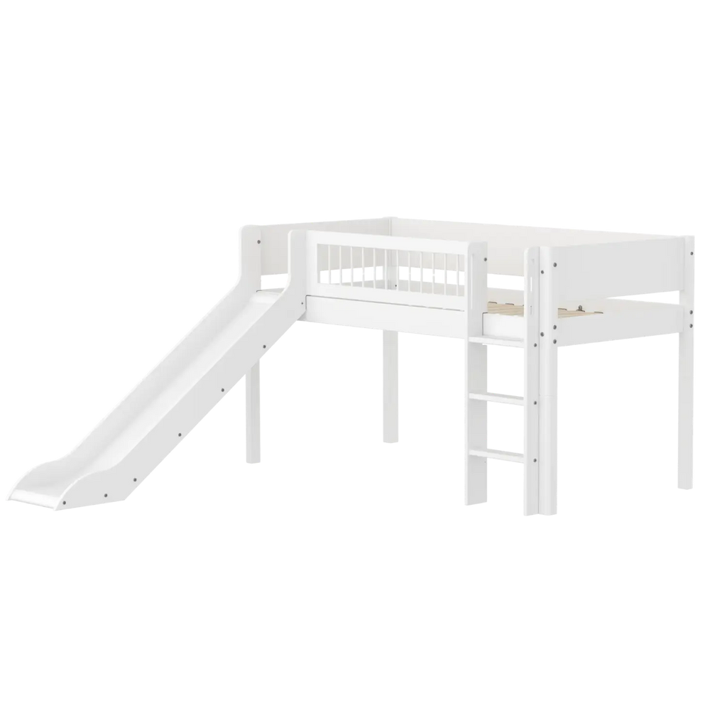 Lit mezzanine 120 cm avec toboggan, échelle et barrière de sécurité, 90x200 cm, blanc