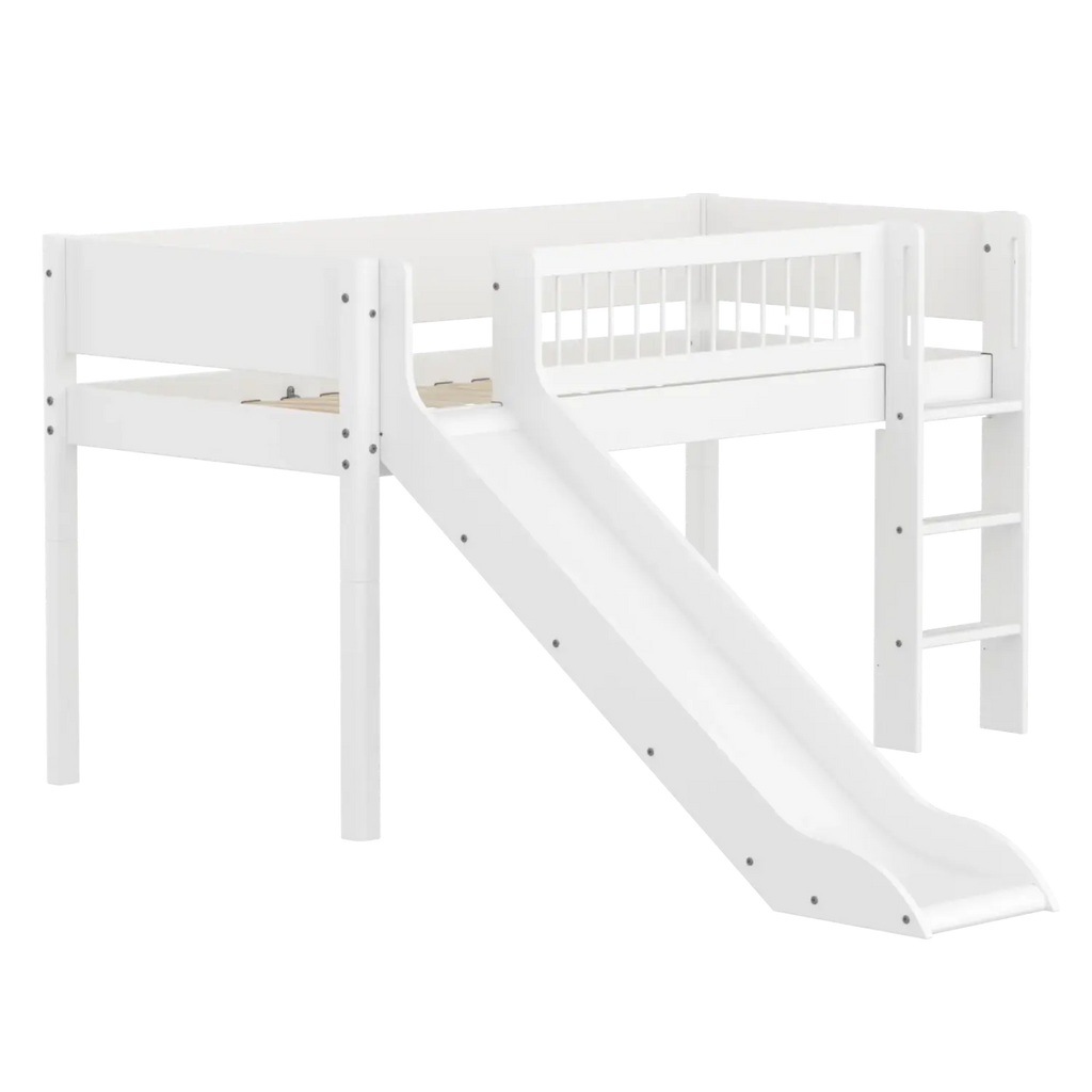 Lit mezzanine 120 cm avec toboggan, échelle et barrière de sécurité, 90x200 cm, blanc