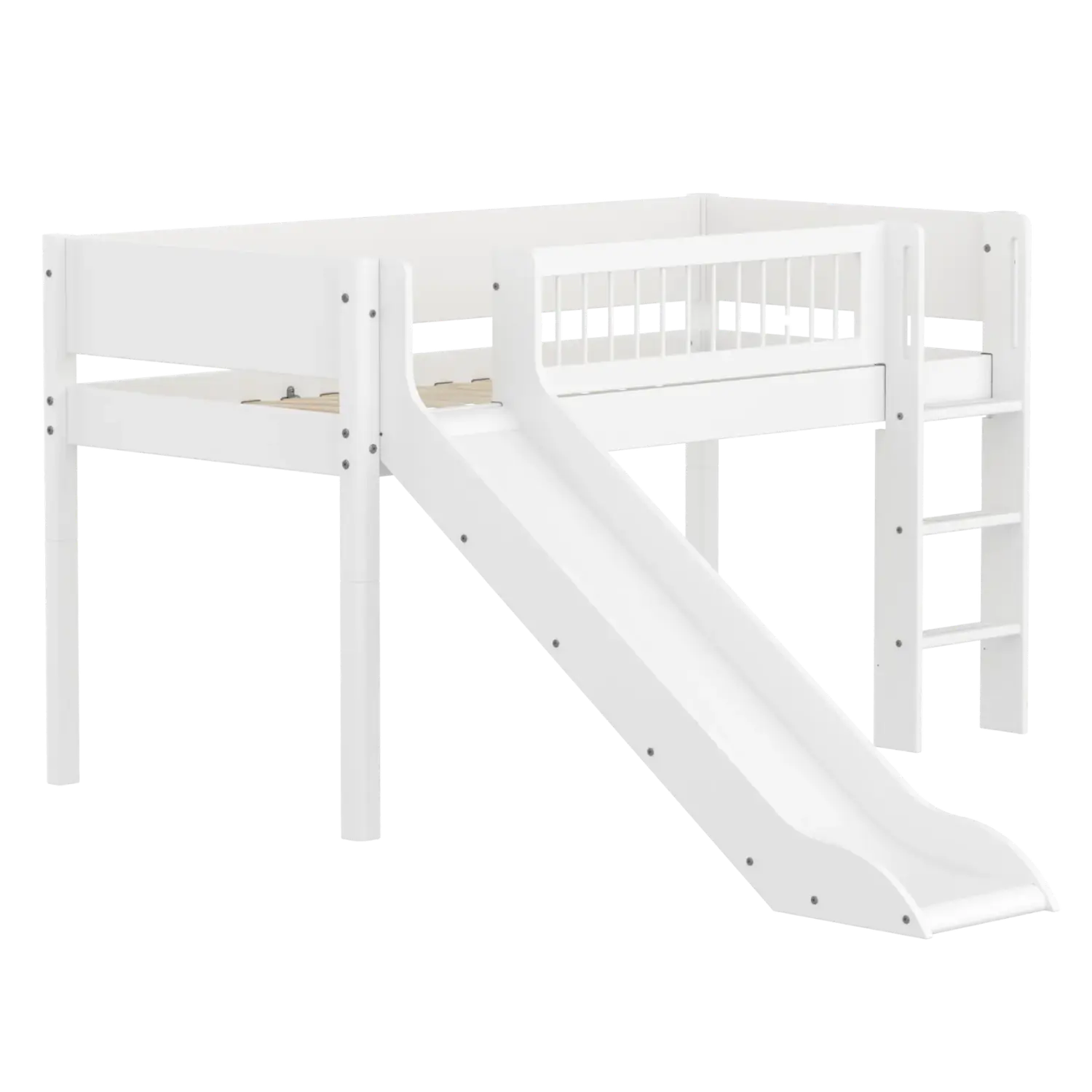 Lit mezzanine 120 cm avec toboggan, échelle et barrière de sécurité, 90x200 cm, blanc