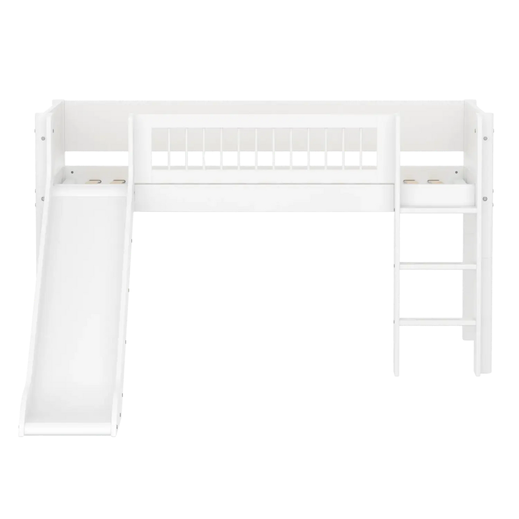 Lit mezzanine 120 cm avec toboggan, échelle et barrière de sécurité, 90x200 cm, blanc