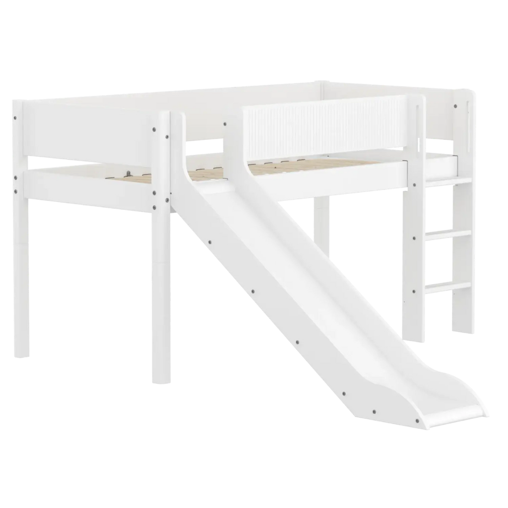 Lit superposé 120 cm avec toboggan, échelle et barrière de sécurité, 90x200 cm, Blanc