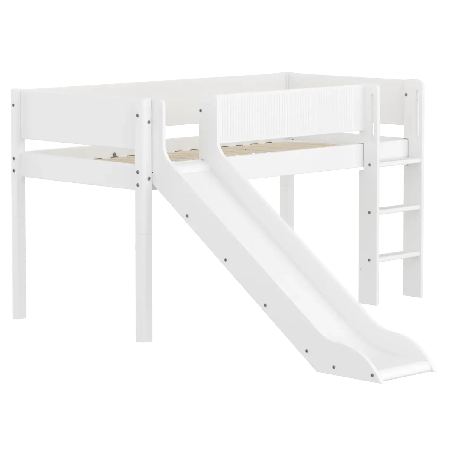 Lit superposé 120 cm avec toboggan, échelle et barrière de sécurité, 90x200 cm, Blanc