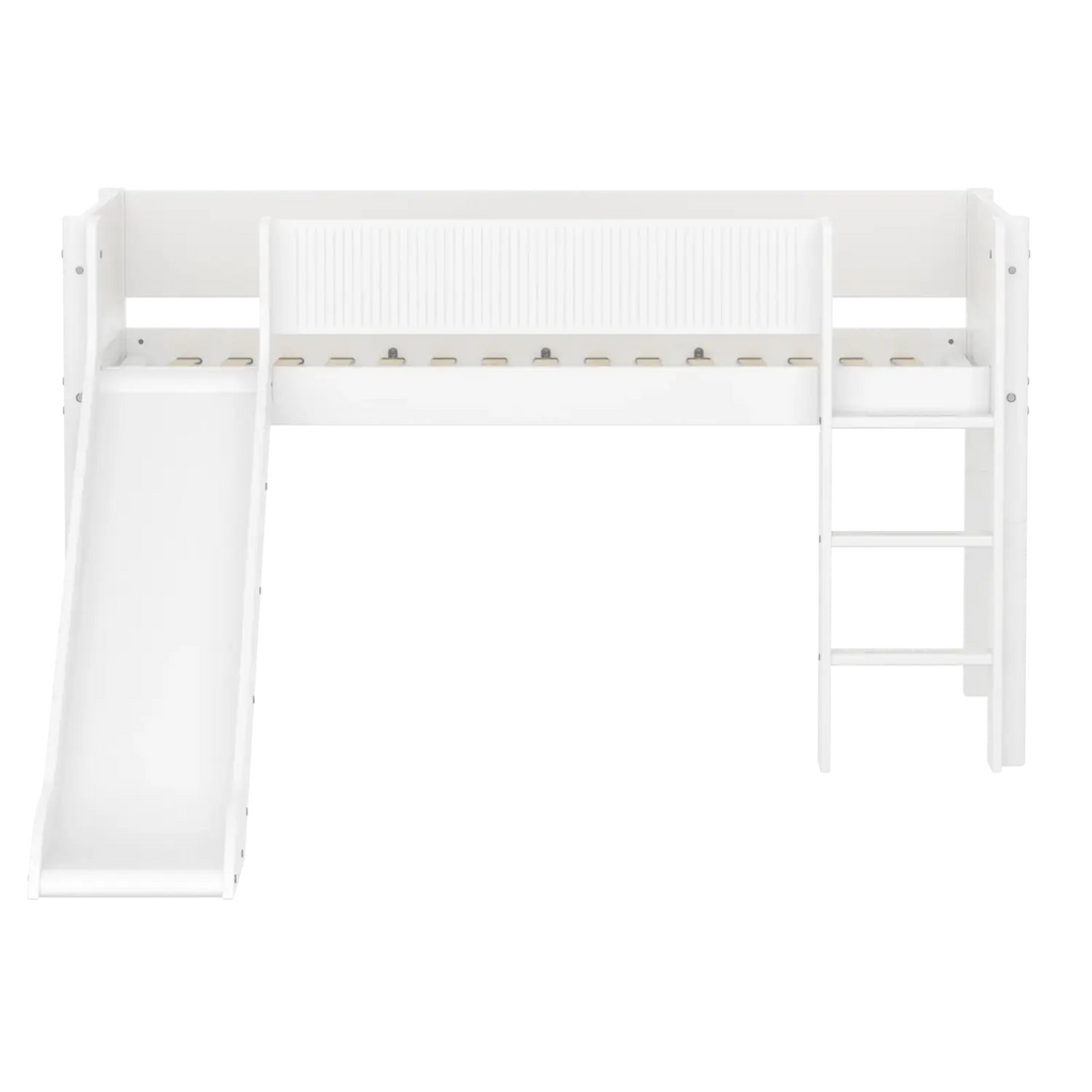 Lit superposé 120 cm avec toboggan, échelle et barrière de sécurité, 90x200 cm, Blanc