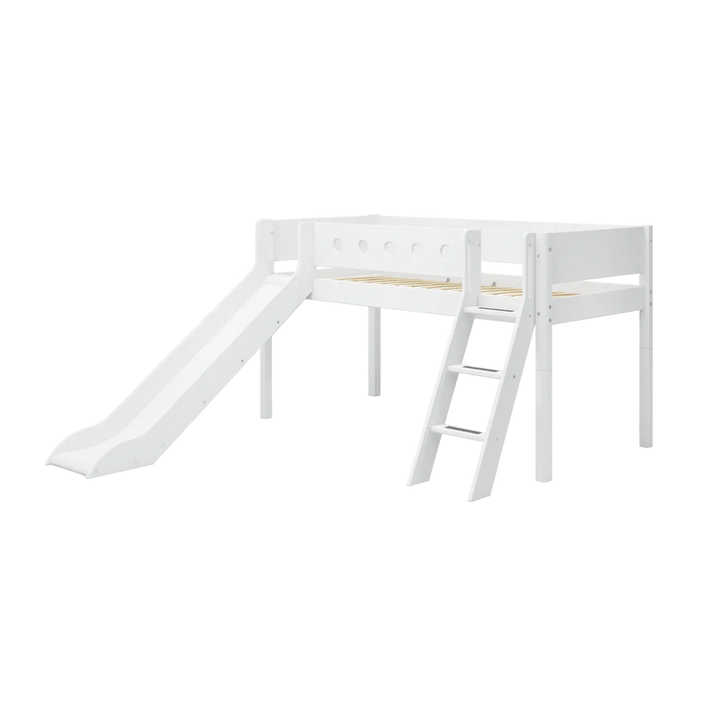Lit surélevé 120 cm avec toboggan, échelle et barrière de sécurité, 90x200 cm, Blanc