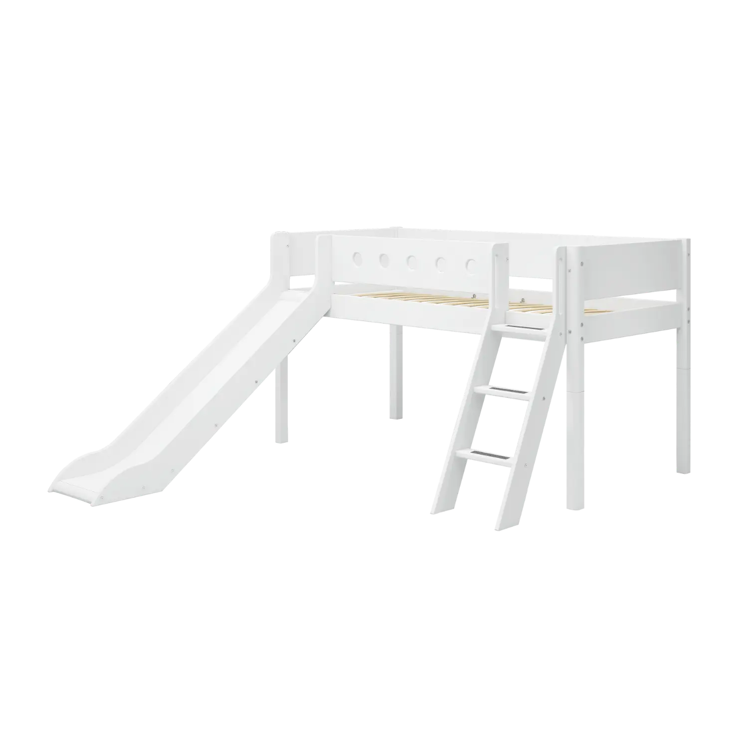 Lit surélevé 120 cm avec toboggan, échelle et barrière de sécurité, 90x200 cm, Blanc