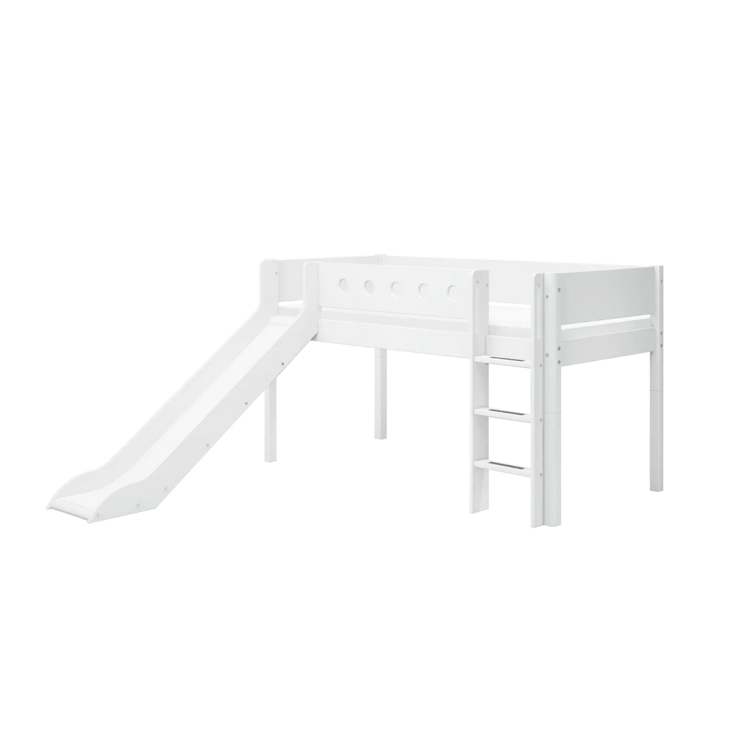 Lit surélevé 120 cm avec toboggan, échelle et barrière de sécurité, 90x200 cm, Blanc