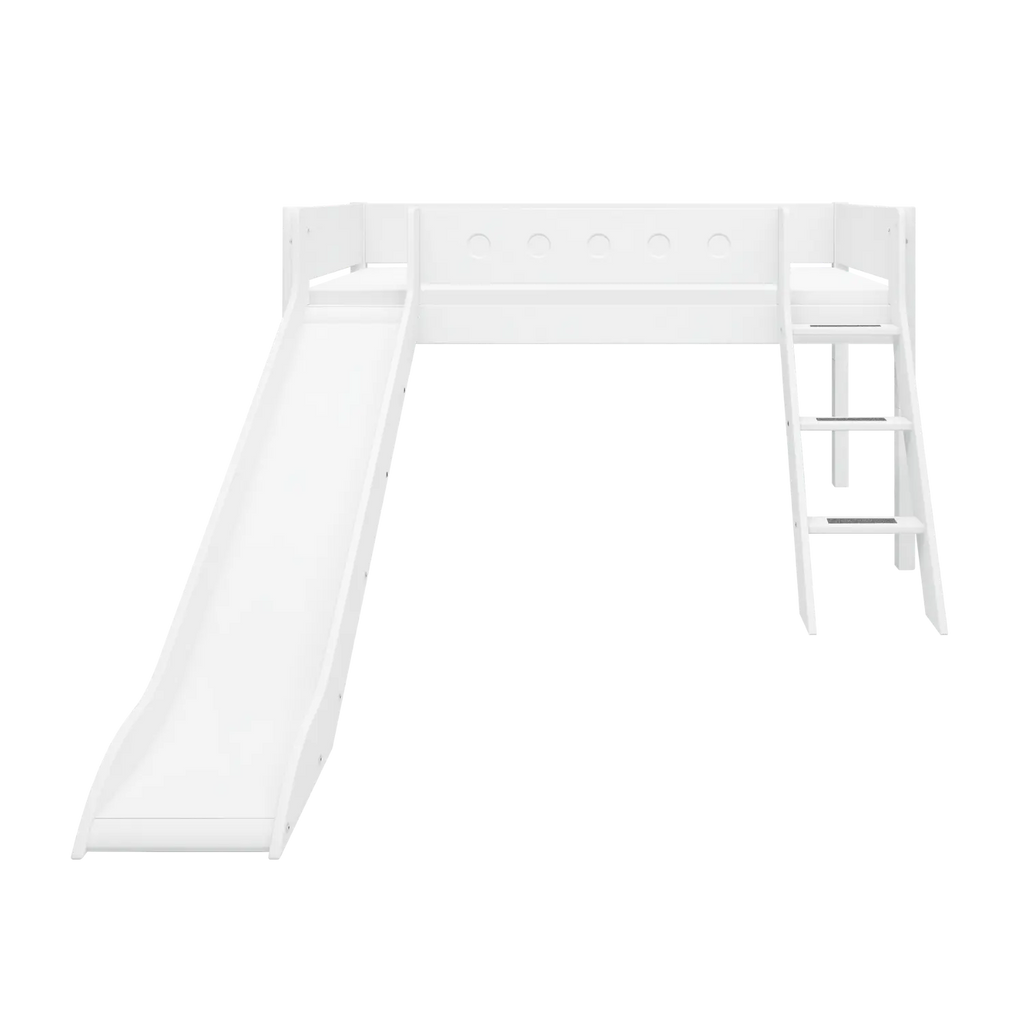 Lit surélevé 120 cm avec toboggan, échelle et barrière de sécurité, 90x200 cm, Blanc
