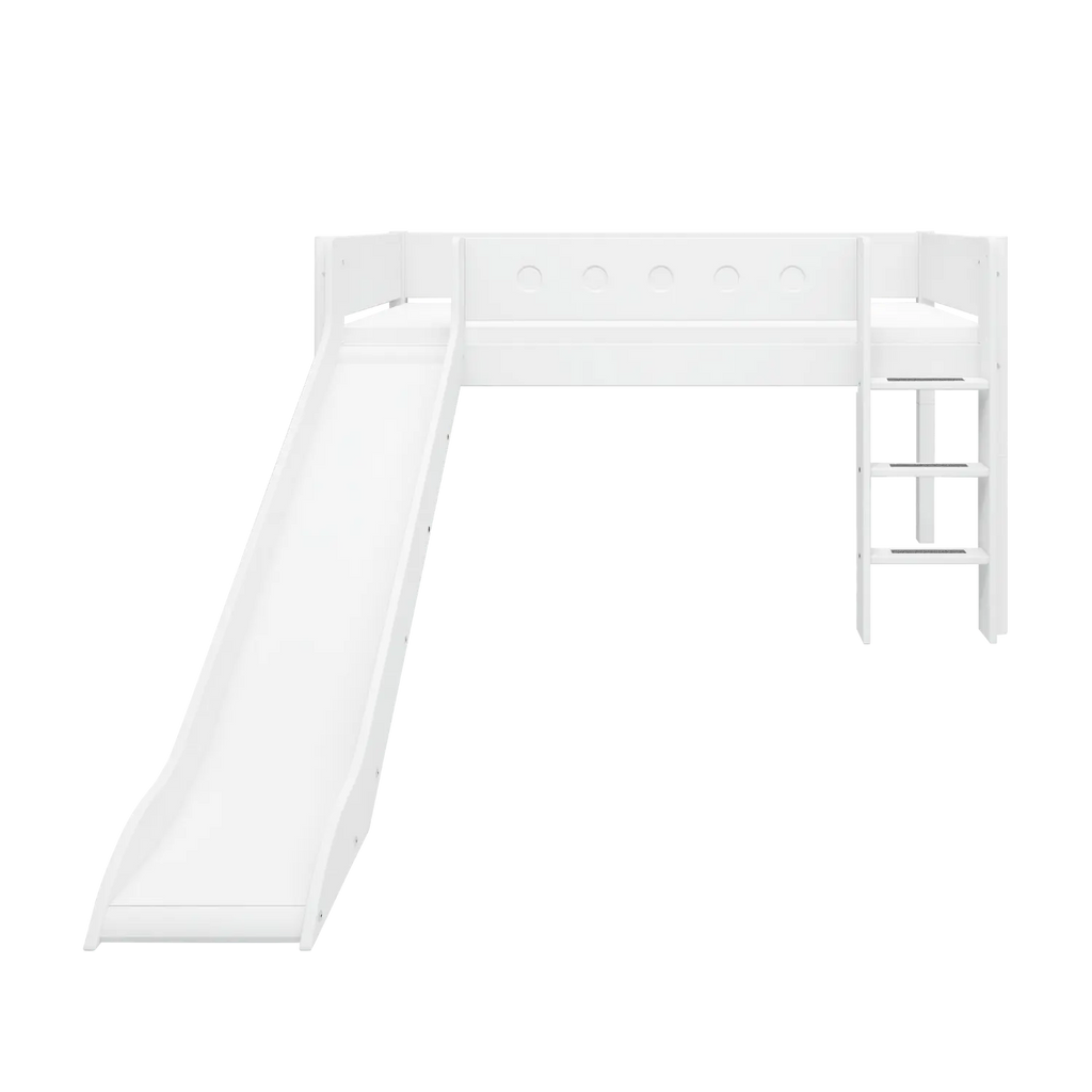 Lit surélevé 120 cm avec toboggan, échelle et barrière de sécurité, 90x200 cm, Blanc