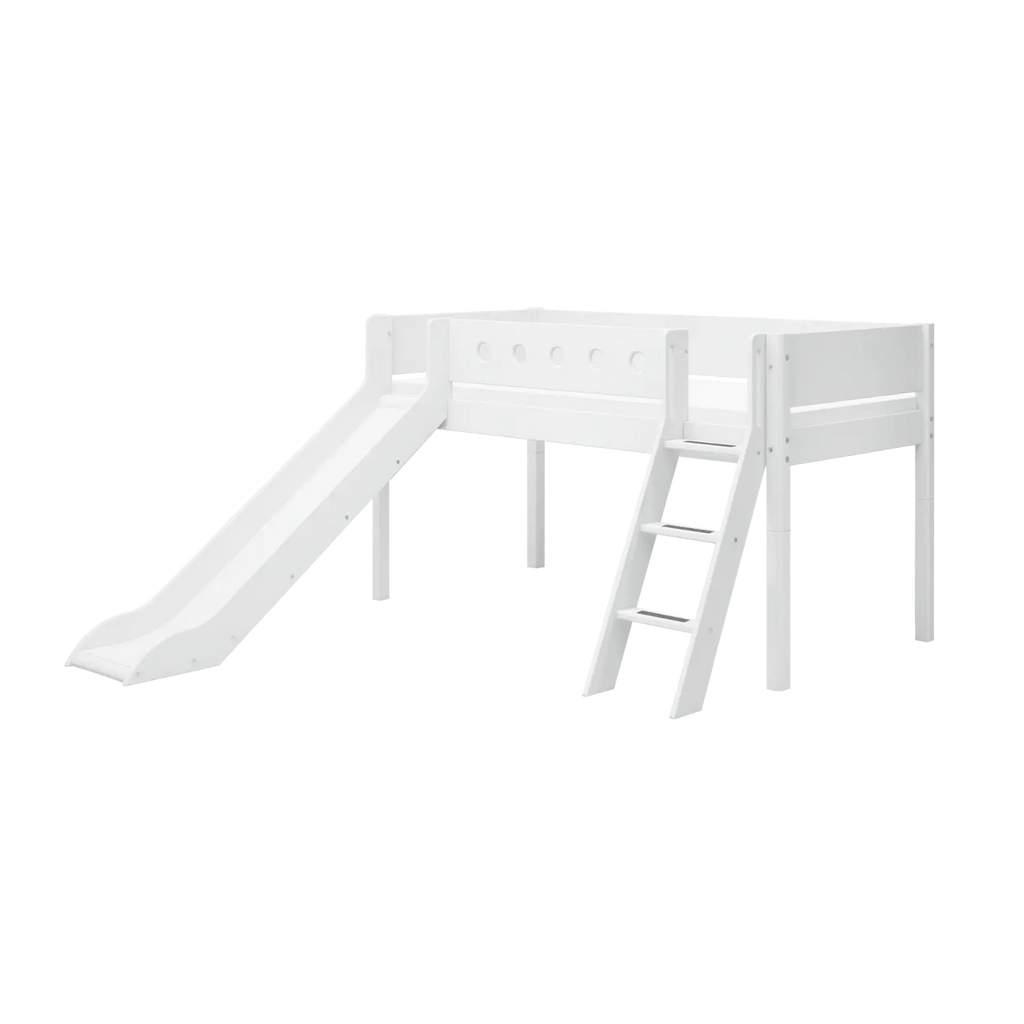 Lit surélevé 120 cm avec toboggan, échelle et barrière de sécurité, 90x200 cm, Blanc