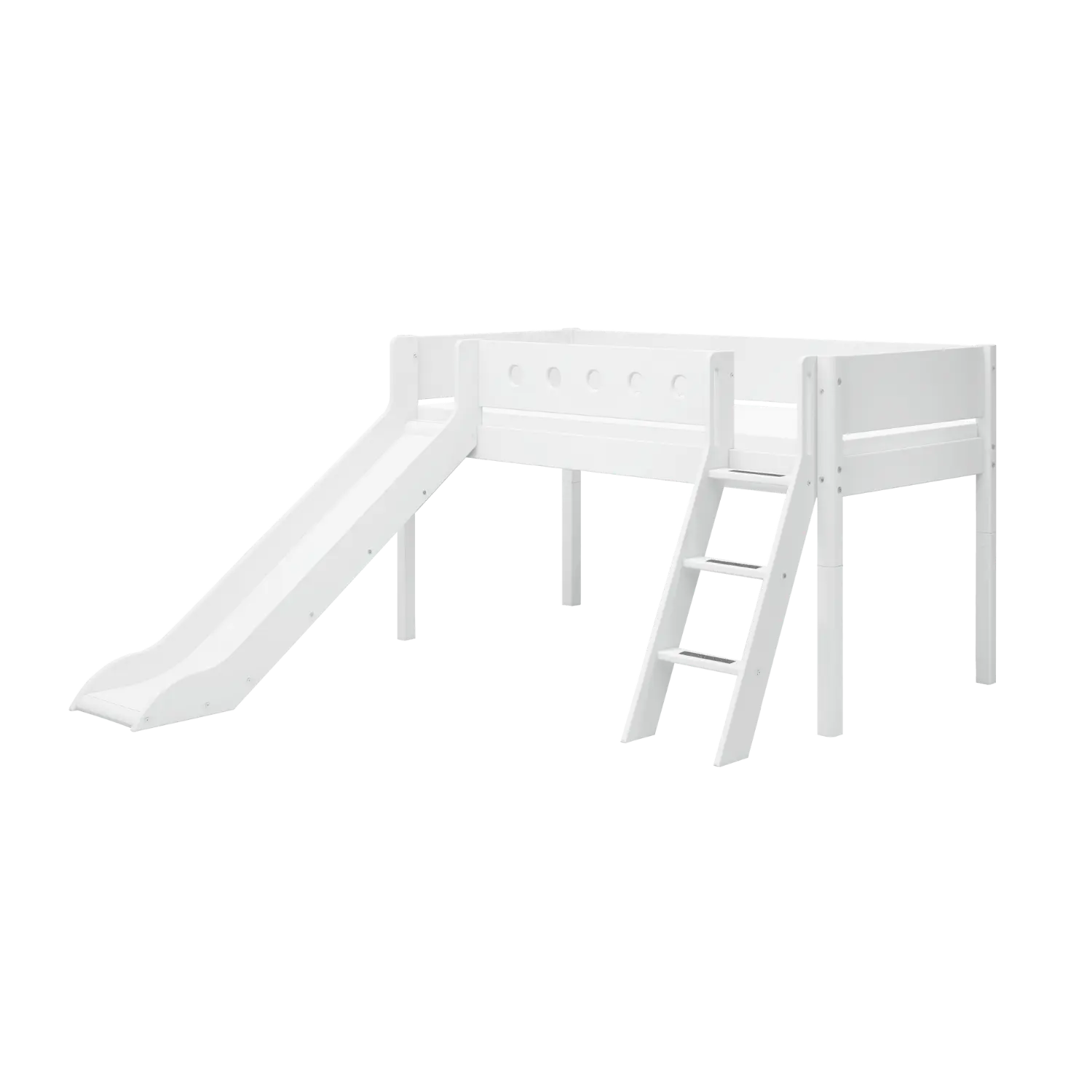 Lit surélevé 120 cm avec toboggan, échelle et barrière de sécurité, 90x200 cm, Blanc
