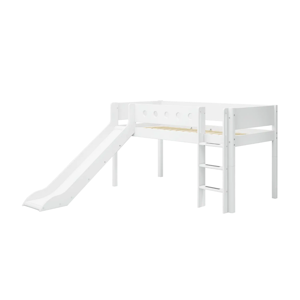 Lit surélevé 120 cm avec toboggan, échelle et barrière de sécurité, 90x200 cm, Blanc