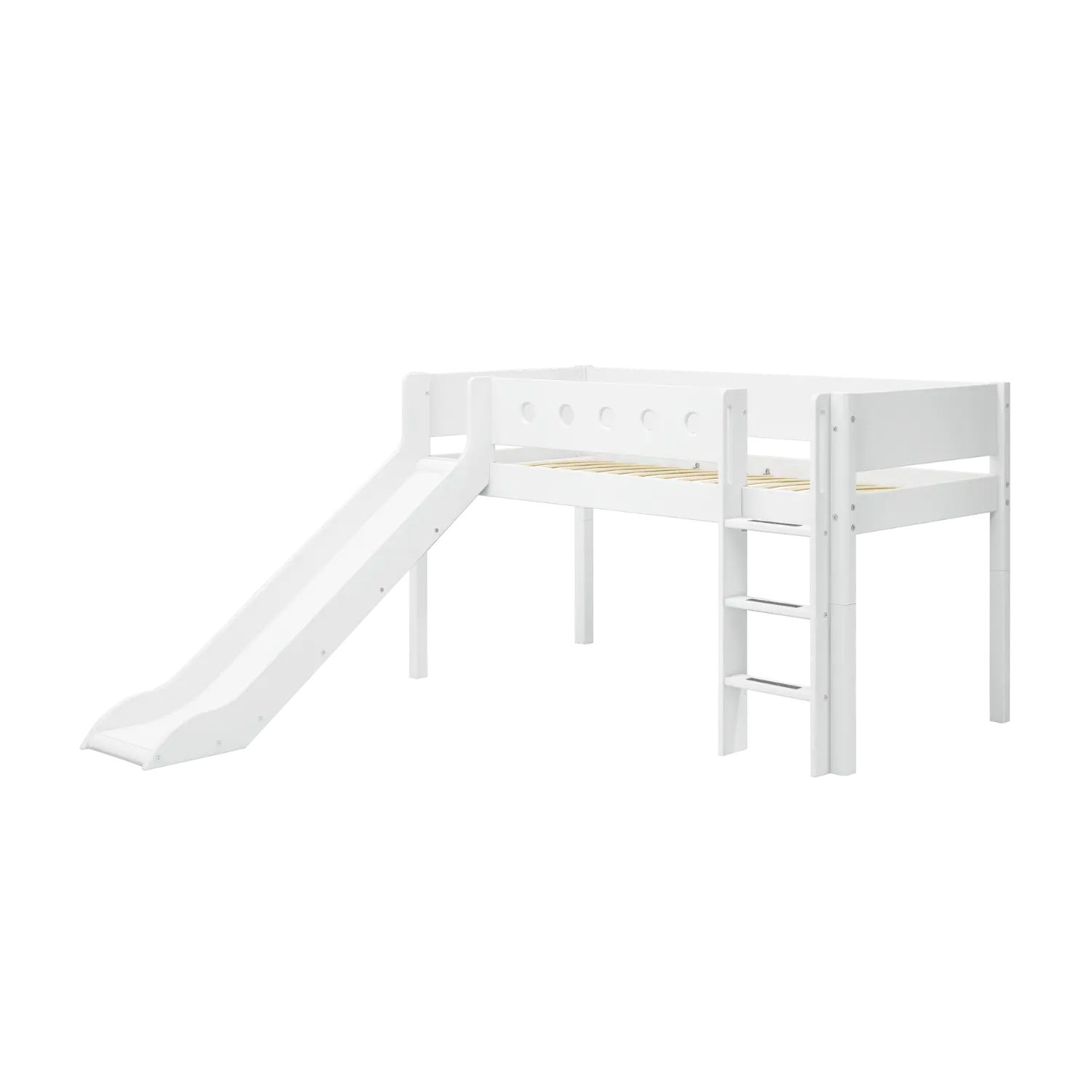 Lit surélevé 120 cm avec toboggan, échelle et barrière de sécurité, 90x200 cm, Blanc