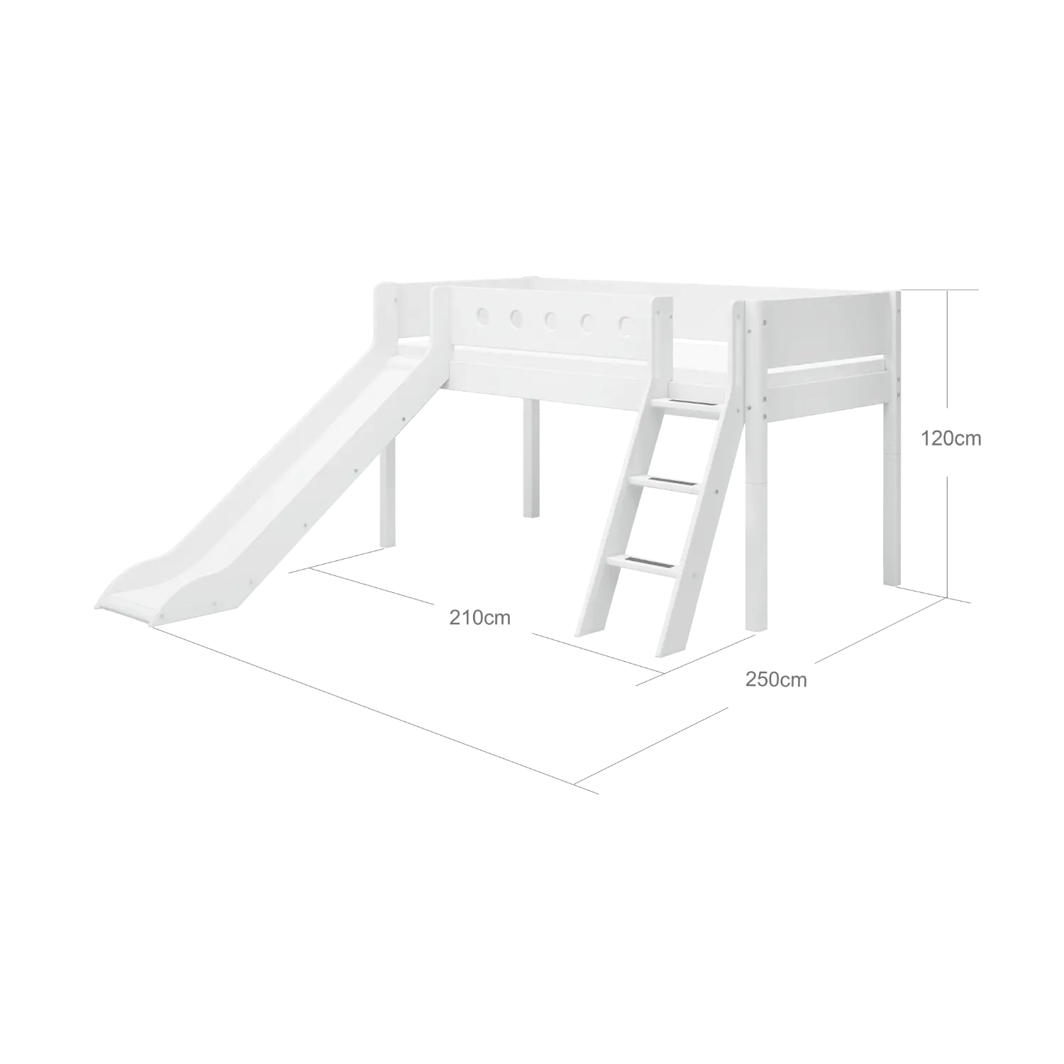 Lit surélevé 120 cm avec toboggan, échelle et barrière de sécurité, 90x200 cm, Blanc