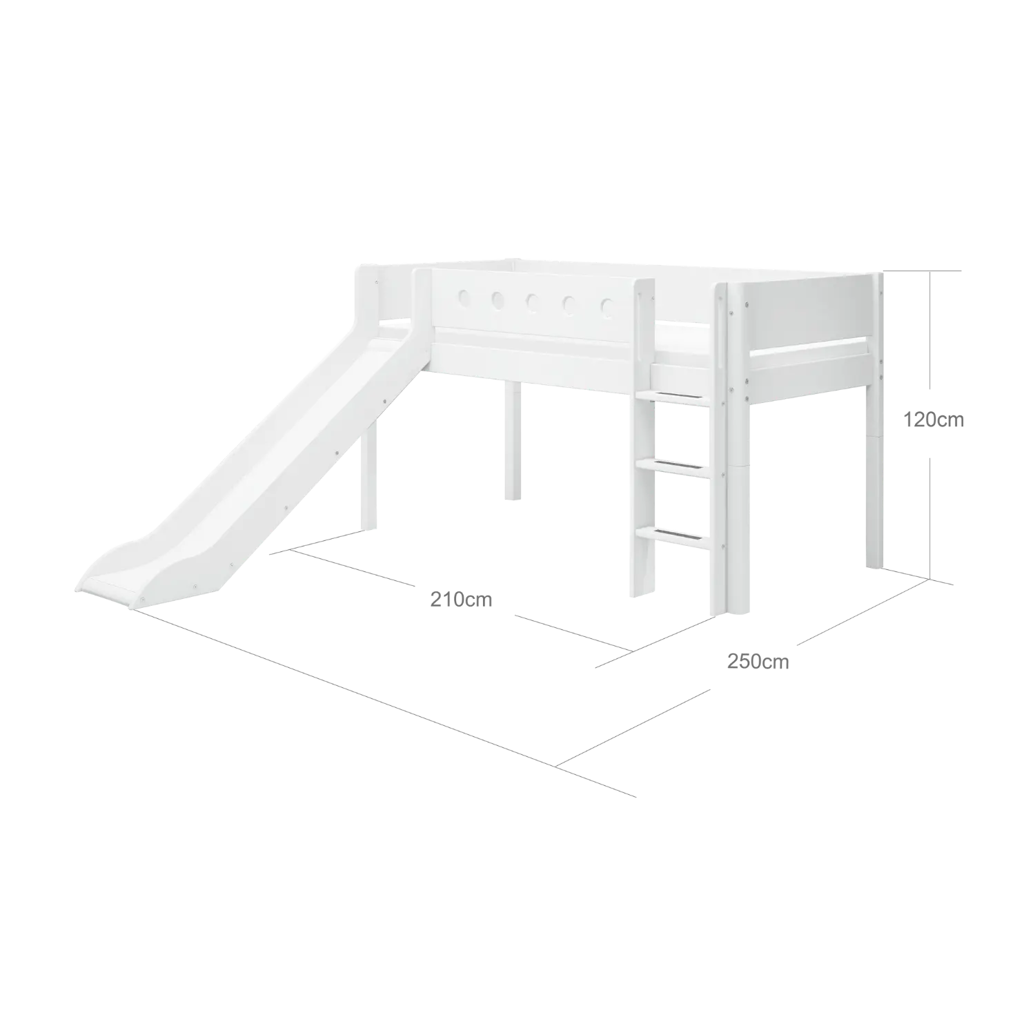 Lit surélevé 120 cm avec toboggan, échelle et barrière de sécurité, 90x200 cm, Blanc