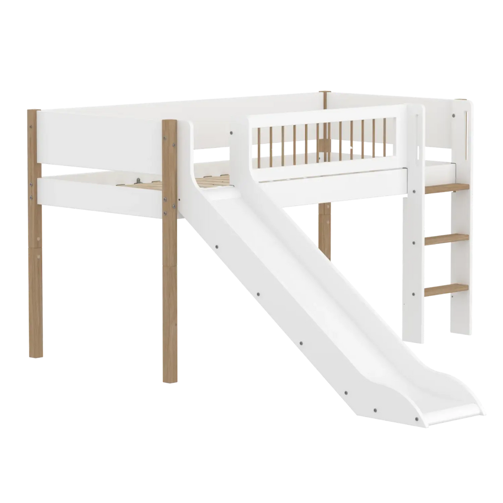 Lit mezzanine 120 cm avec toboggan, échelle et barrière de sécurité, 90x200 cm, Blanc/Chêne