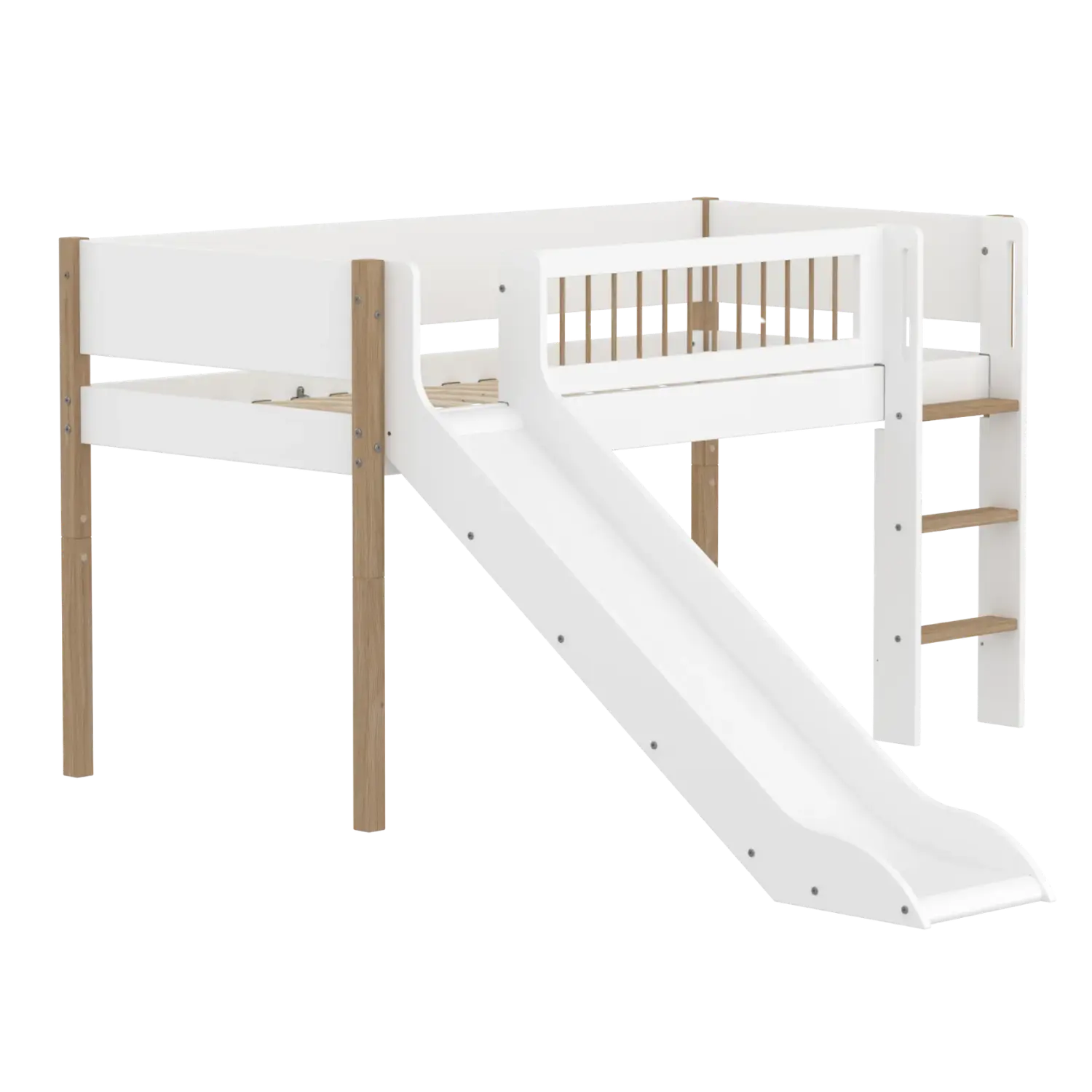 Lit mezzanine 120 cm avec toboggan, échelle et barrière de sécurité, 90x200 cm, Blanc/Chêne
