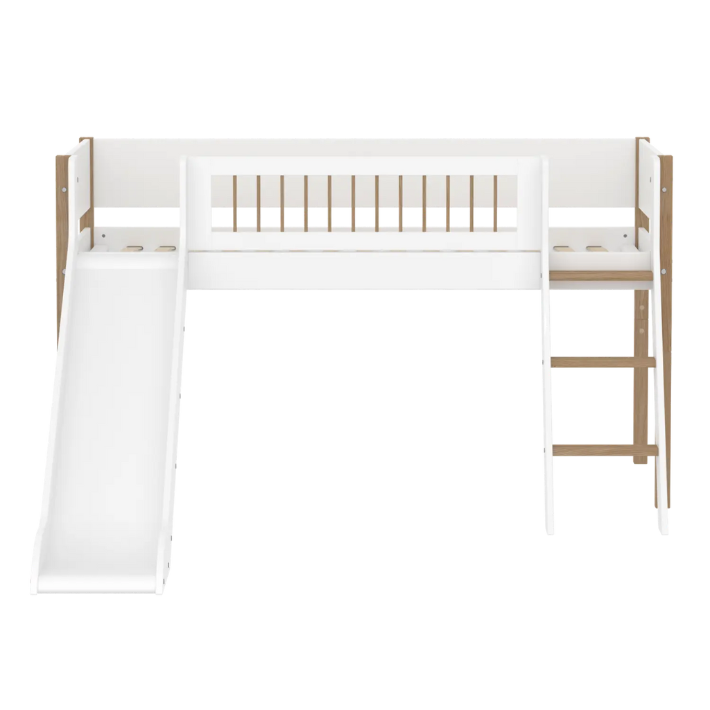 Lit surélevé 120 cm avec toboggan, échelle et barrière de sécurité, 90x200 cm, Blanc/Chêne