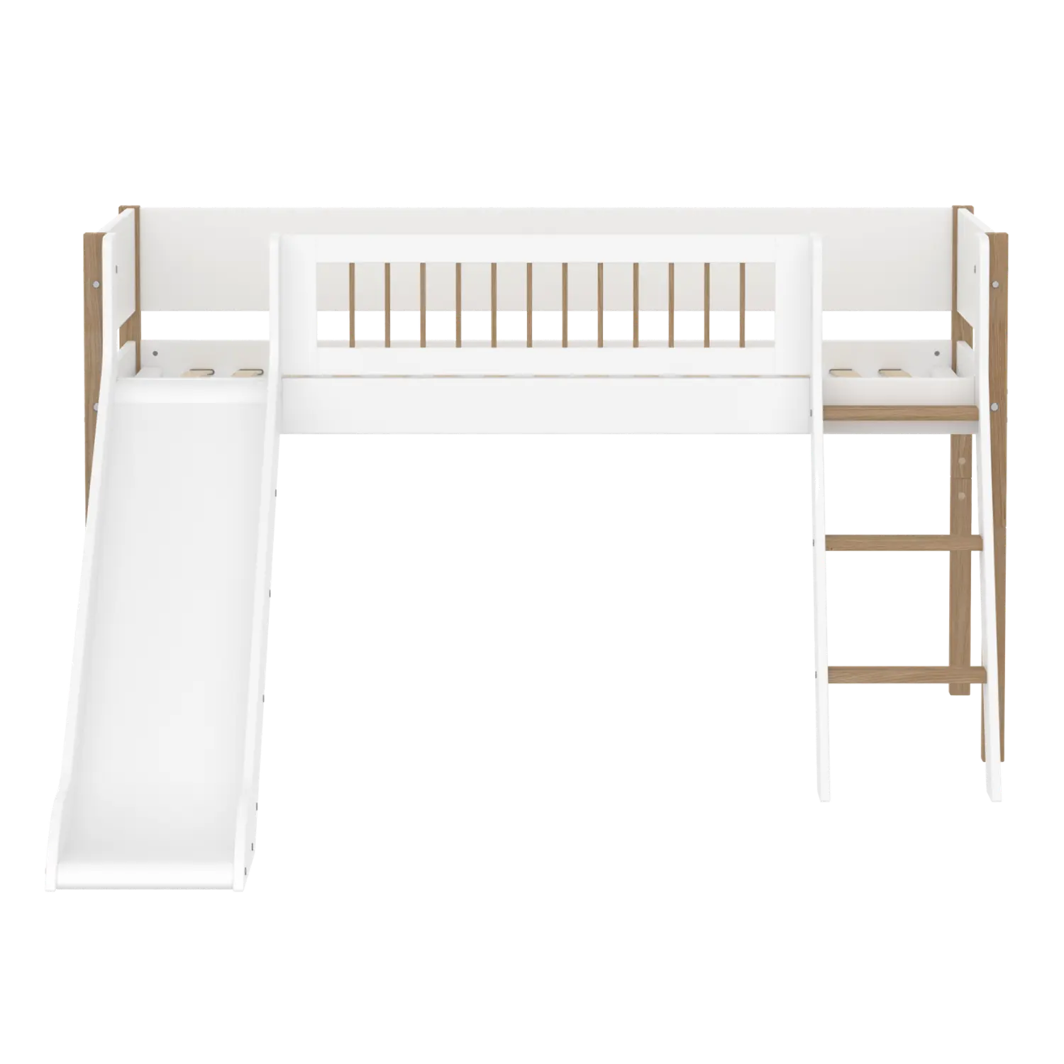 Lit surélevé 120 cm avec toboggan, échelle et barrière de sécurité, 90x200 cm, Blanc/Chêne