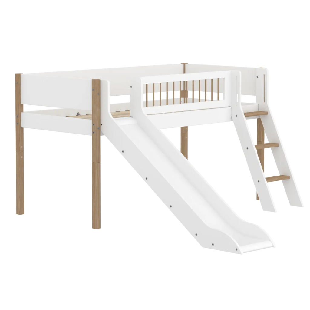 Lit surélevé 120 cm avec toboggan, échelle et barrière de sécurité, 90x200 cm, Blanc/Chêne