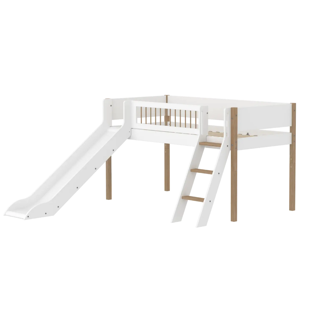 Lit surélevé 120 cm avec toboggan, échelle et barrière de sécurité, 90x200 cm, Blanc/Chêne