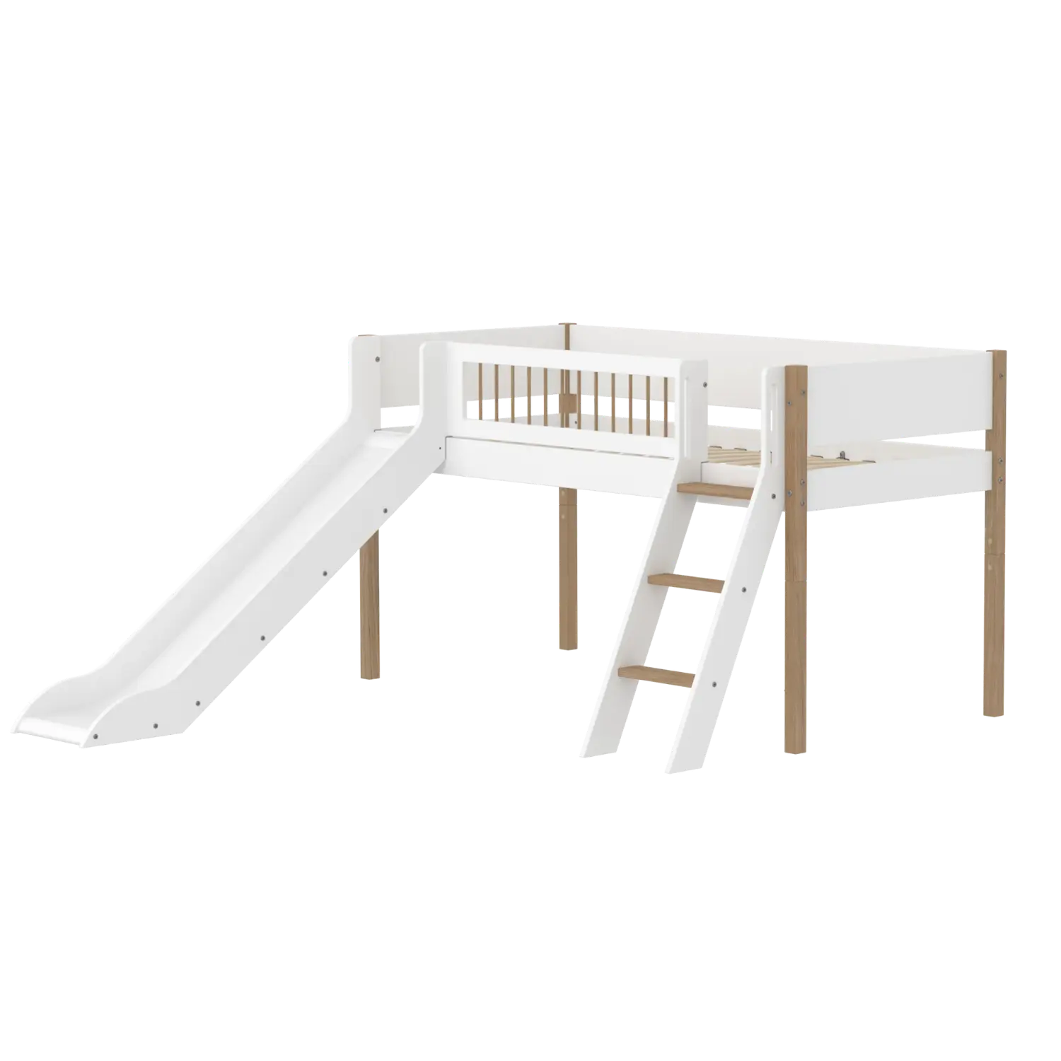 Lit surélevé 120 cm avec toboggan, échelle et barrière de sécurité, 90x200 cm, Blanc/Chêne