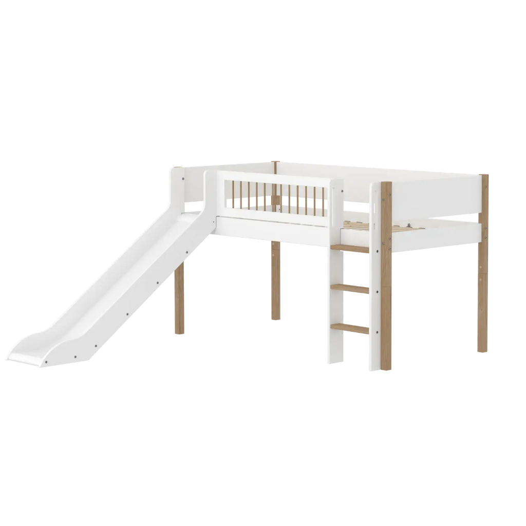 Lit mezzanine 120 cm avec toboggan, échelle et barrière de sécurité, 90x200 cm, Blanc/Chêne
