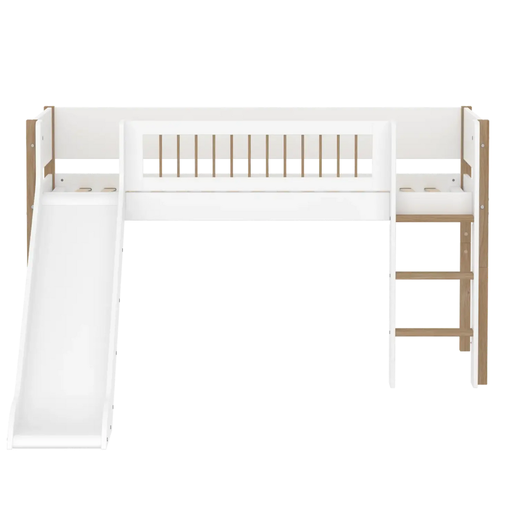 Lit mezzanine 120 cm avec toboggan, échelle et barrière de sécurité, 90x200 cm, Blanc/Chêne