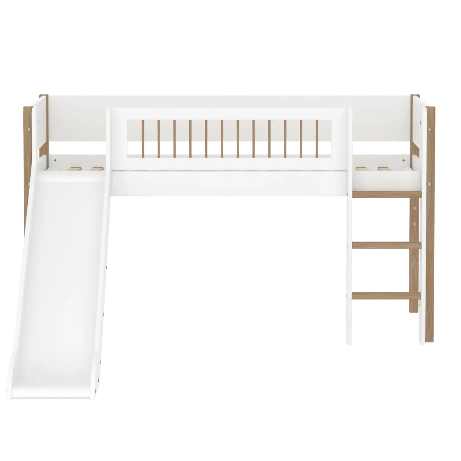 Lit mezzanine 120 cm avec toboggan, échelle et barrière de sécurité, 90x200 cm, Blanc/Chêne