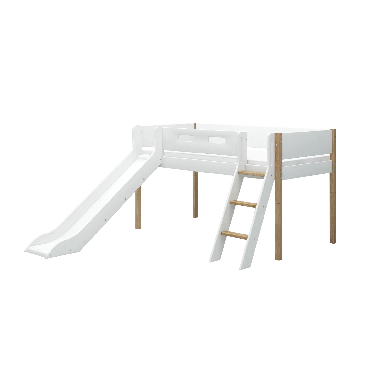 Lit surélevé 120 cm avec toboggan, échelle et barrière de sécurité, 90x200 cm, Blanc/Chêne
