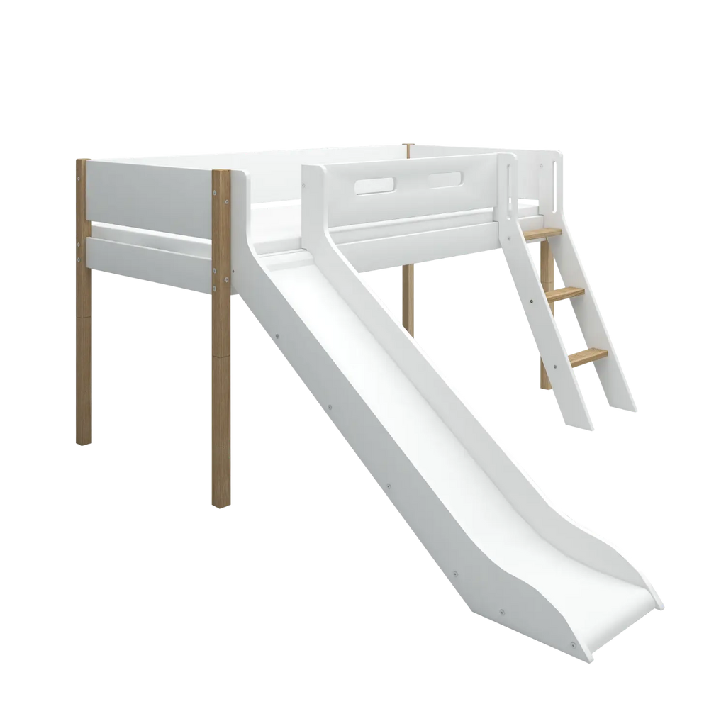 Lit surélevé 120 cm avec toboggan, échelle et barrière de sécurité, 90x200 cm, Blanc/Chêne