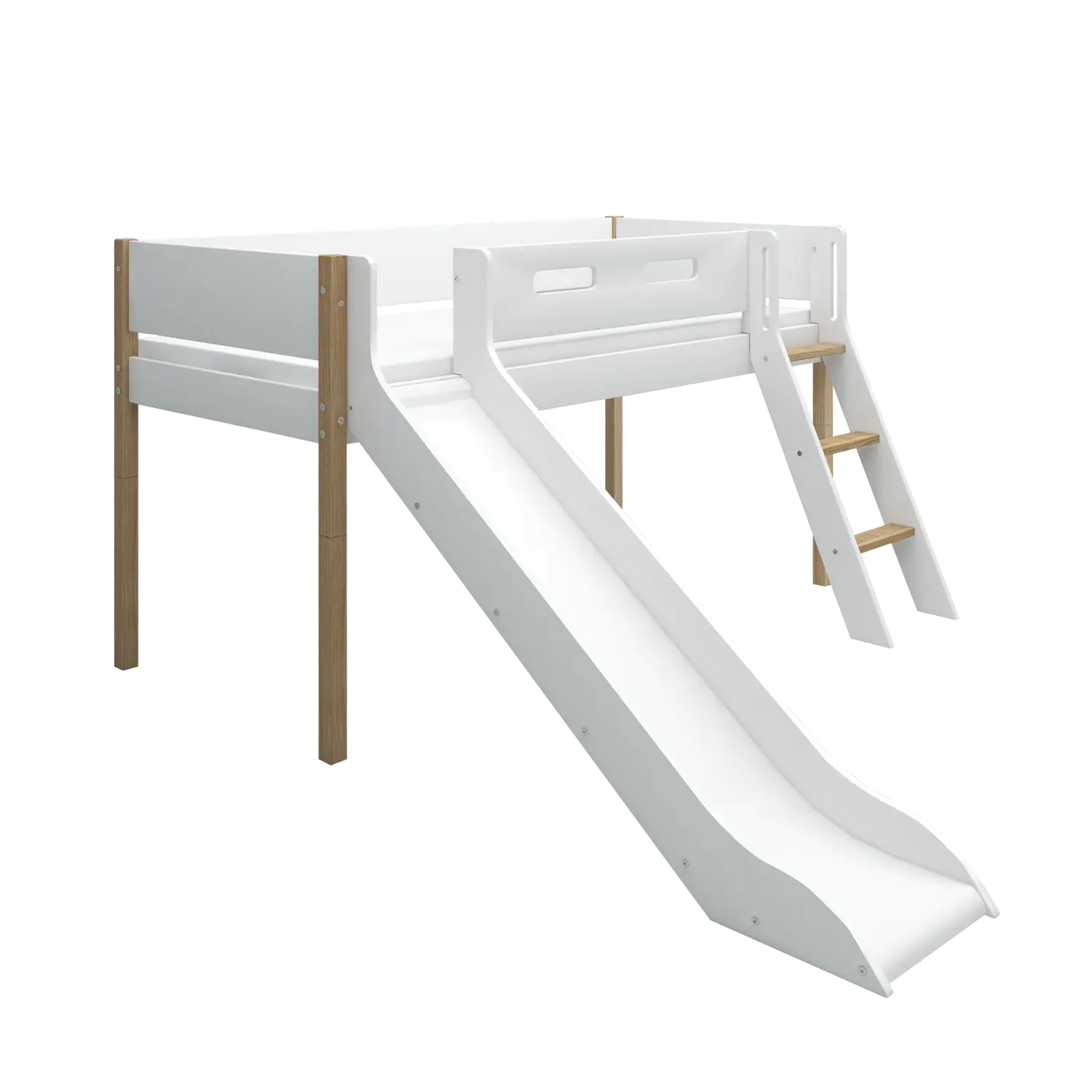 Lit surélevé 120 cm avec toboggan, échelle et barrière de sécurité, 90x200 cm, Blanc/Chêne