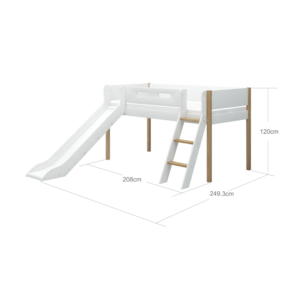 Lit surélevé 120 cm avec toboggan, échelle et barrière de sécurité, 90x200 cm, Blanc/Chêne
