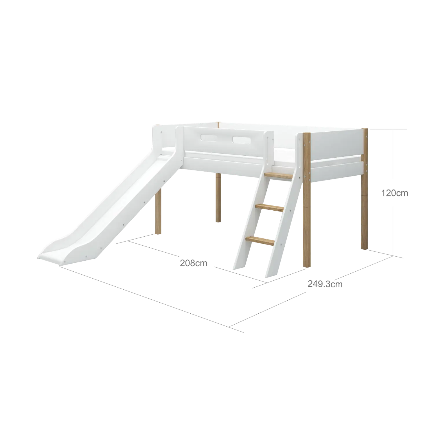 Lit surélevé 120 cm avec toboggan, échelle et barrière de sécurité, 90x200 cm, Blanc/Chêne