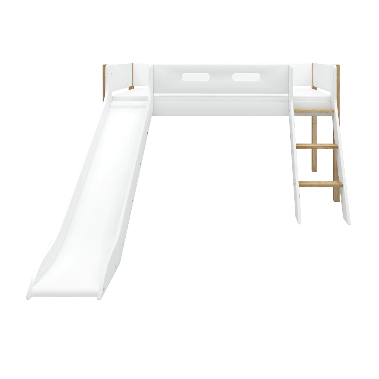 Lit surélevé 120 cm avec toboggan, échelle et barrière de sécurité, 90x200 cm, Blanc/Chêne